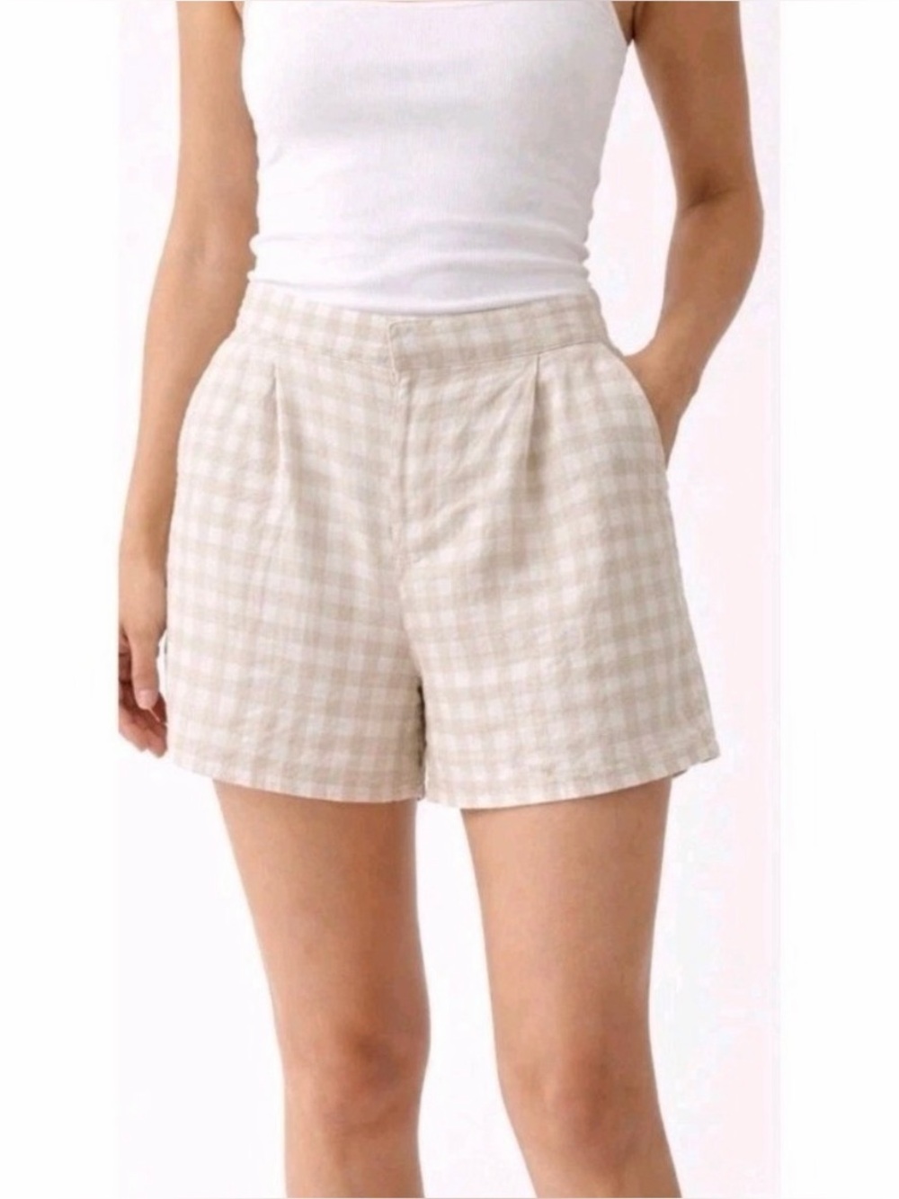 Laura Ashley Beige and Cream Gingham Linen-Blend Shorts